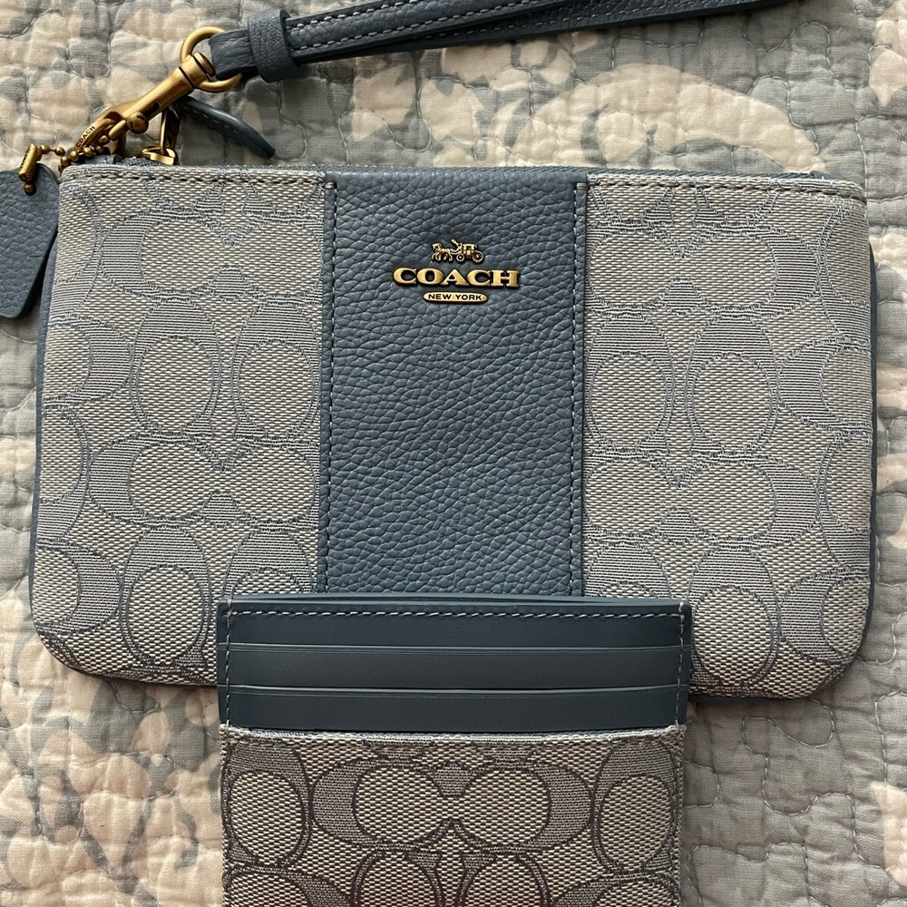 Coach wristlet and card case. Blue Azure in Signature Print. Both brand new.
